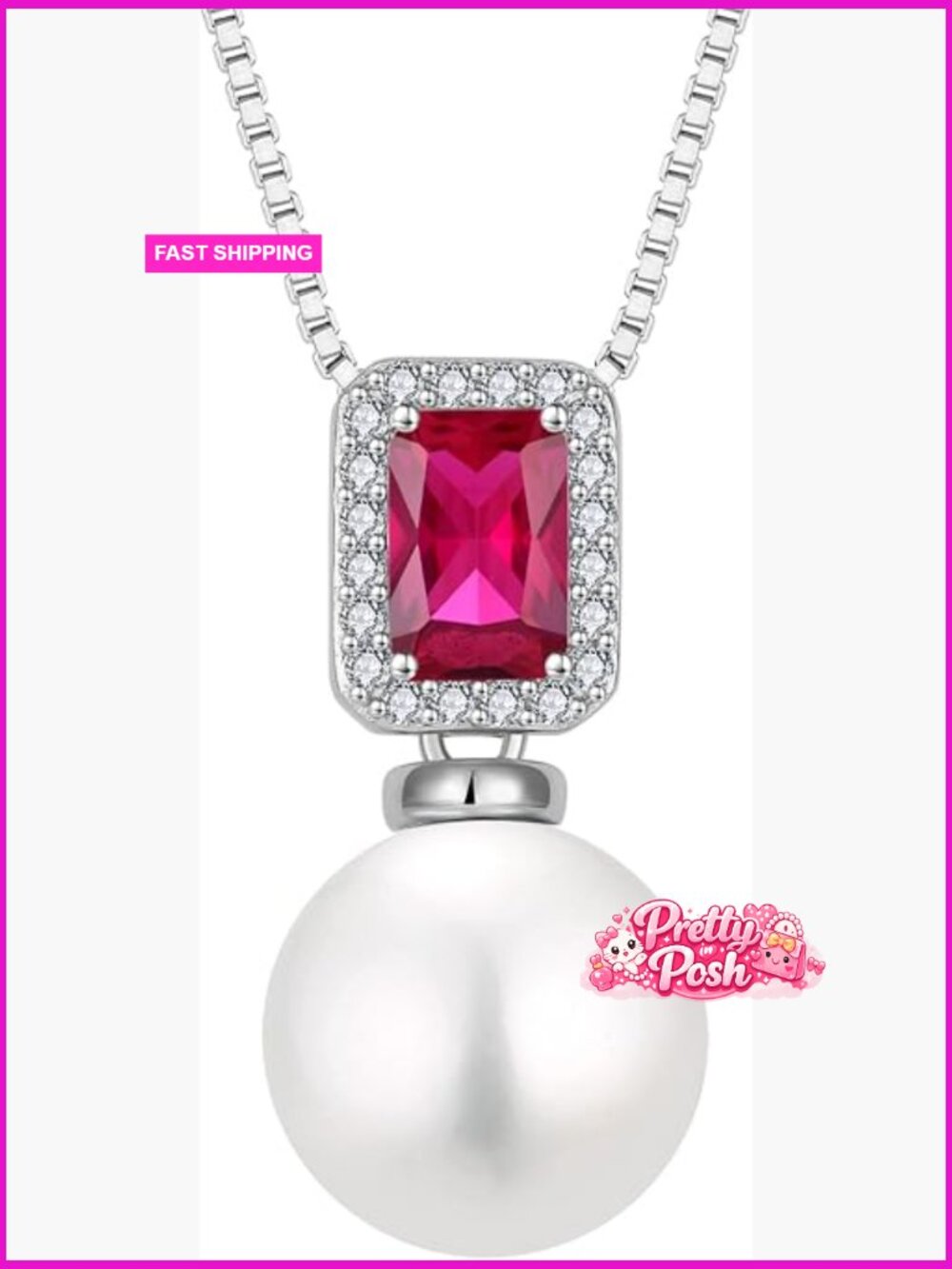 Pearl Necklace 925 Sterling Silver Birthstone Pendant Emerald Cut Jewelry